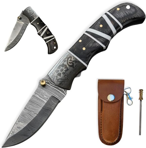 Handmade Vibsy Hub Engraved Pocket Knife - 3.5" Folding Knife Blade, Rosewood Handle, Engraved Bolster, Liner Lock, Leather Sheath with Keychain & Belt Carry (BLACK)