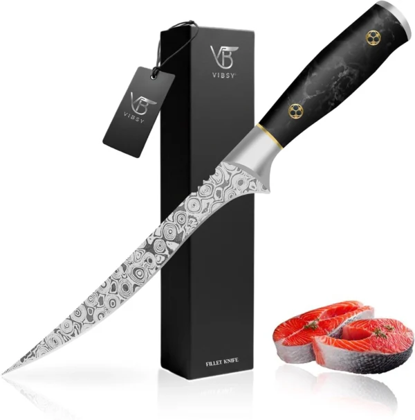 VIBSY Handmade Vibsy Hub 7" Fillet Knife - 133-layered Flexible Kitchen Knife for Precise Cutting, Ideal Boning Knife for Meat & Fish Fillet, Premium Filet for Fish