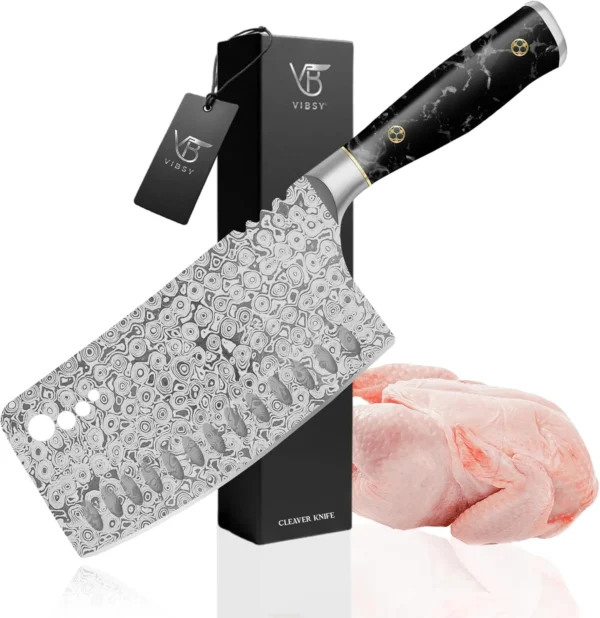 VIBSY Handmade Vibsy Hub 7” Cleaver Knife – Heavy Duty Meat Cleaver Knife for Butcher Work, Balanced Kitchen Knife for Meat & Prep