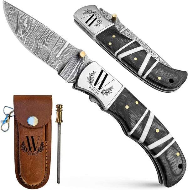 Personalized Vibsy Hub Pocket Knife - 3.5" Folding Knife Blade - Anniversary, Boyfriend, Husband Gift for Men/Him - Custom Engraved Knife for Men with Sheath for EDC, Outdoor, Camping & Hunting (Customizable)